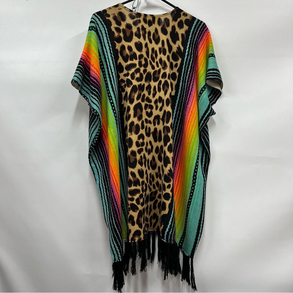 Crazy Train reg Multicolor Leopard animal Print Tunic poncho fringe hem floral - Picture 7 of 11